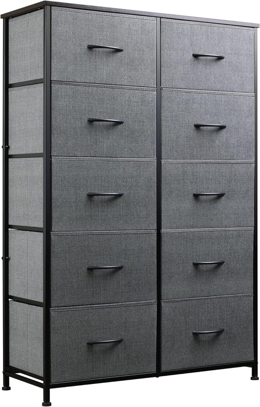 Tall Dresser for Bedroom with 10 Fabric Drawers, Organizer Units for Living Room, Clothing, Closet, Storage Tower with Cabinet, Metal Frame, Wooden Top, Furniture, Dark Grey-0