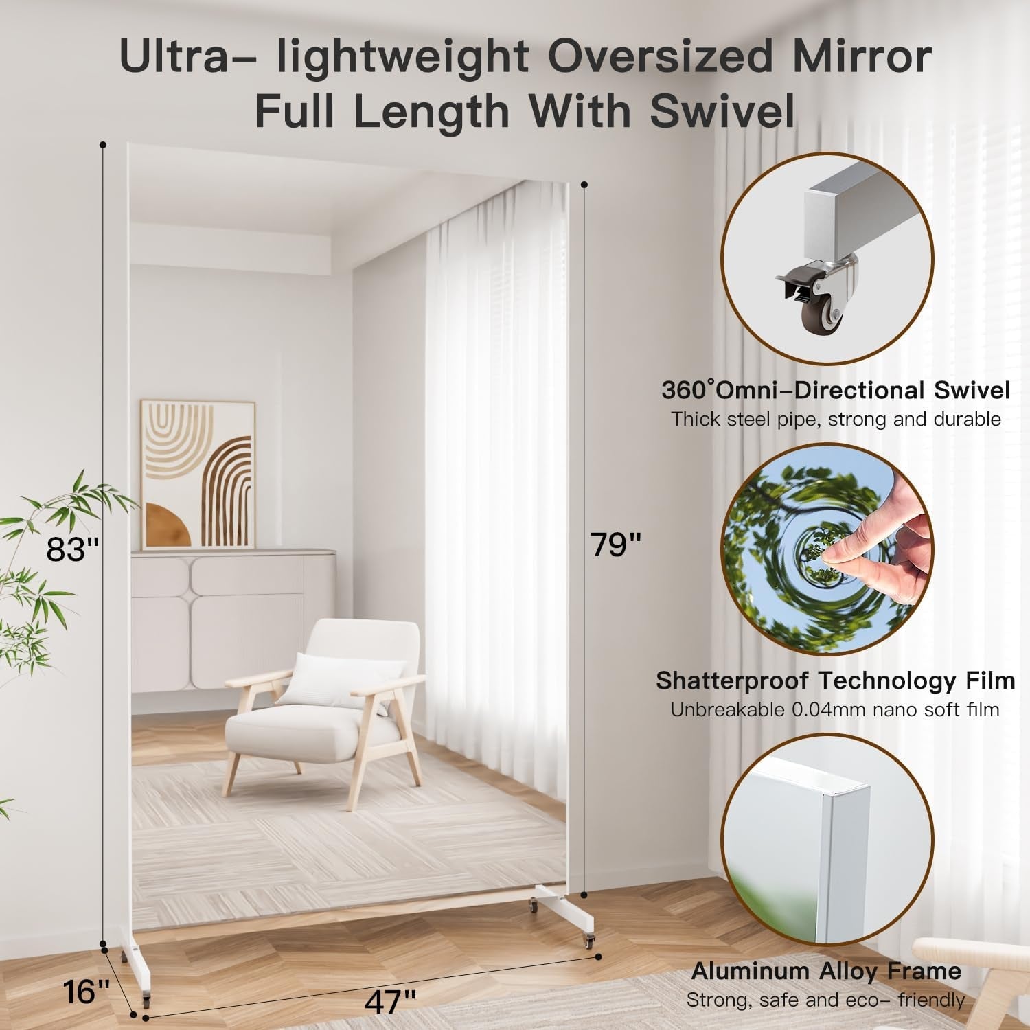 Home Gym Mirror 360° Swivel on Wheels, 79" X 47" Extra Large Full Body Rolling Mirror for Yoga, Nano Film Super Lightweight Unbreakable Full Length Mirror, White-2
