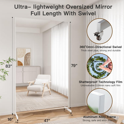 Home Gym Mirror 360° Swivel on Wheels, 79" X 47" Extra Large Full Body Rolling Mirror for Yoga, Nano Film Super Lightweight Unbreakable Full Length Mirror, White-2