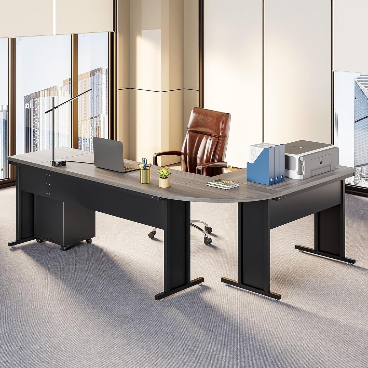 83" Gray Farmhouse L Desk File Cabinet-2