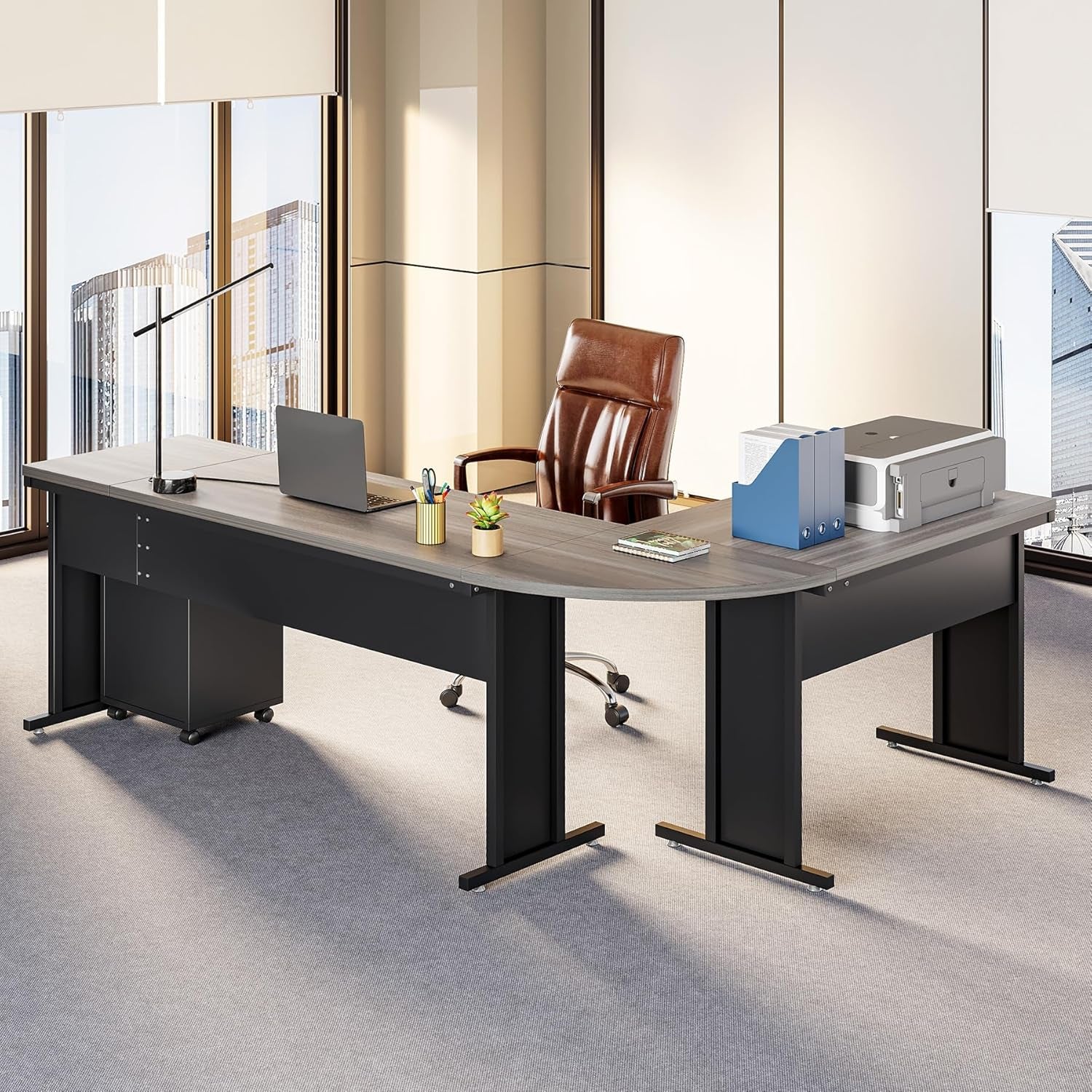 83" Gray Farmhouse L Desk File Cabinet-2