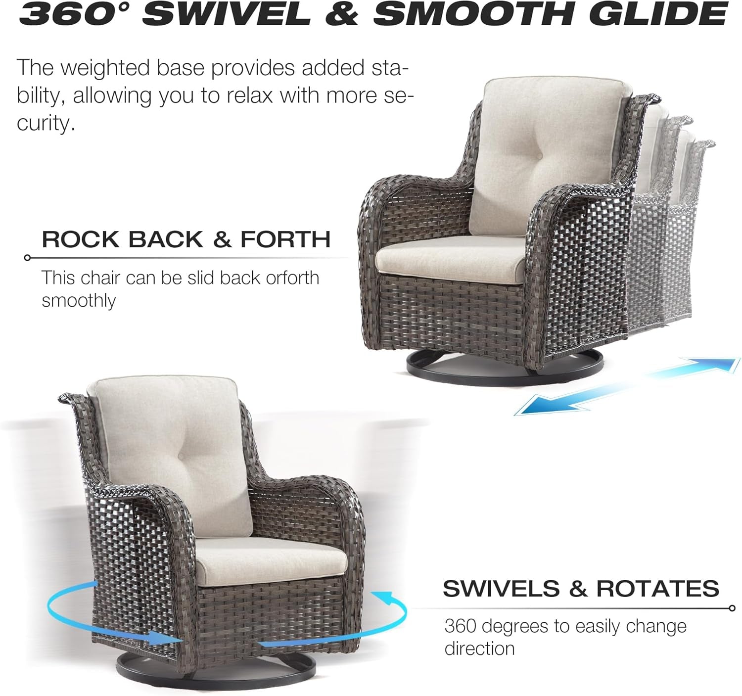 Wicker Patio Furniture Sets 8 Piece Set with 3-Seat Sofa, 2 Swivel Rocking Armchairs, 2 Armchairs, 2 Ottoman and 1 Side Table Wicker Outdoor Furniture Sectional Conversation Set, Beige-2