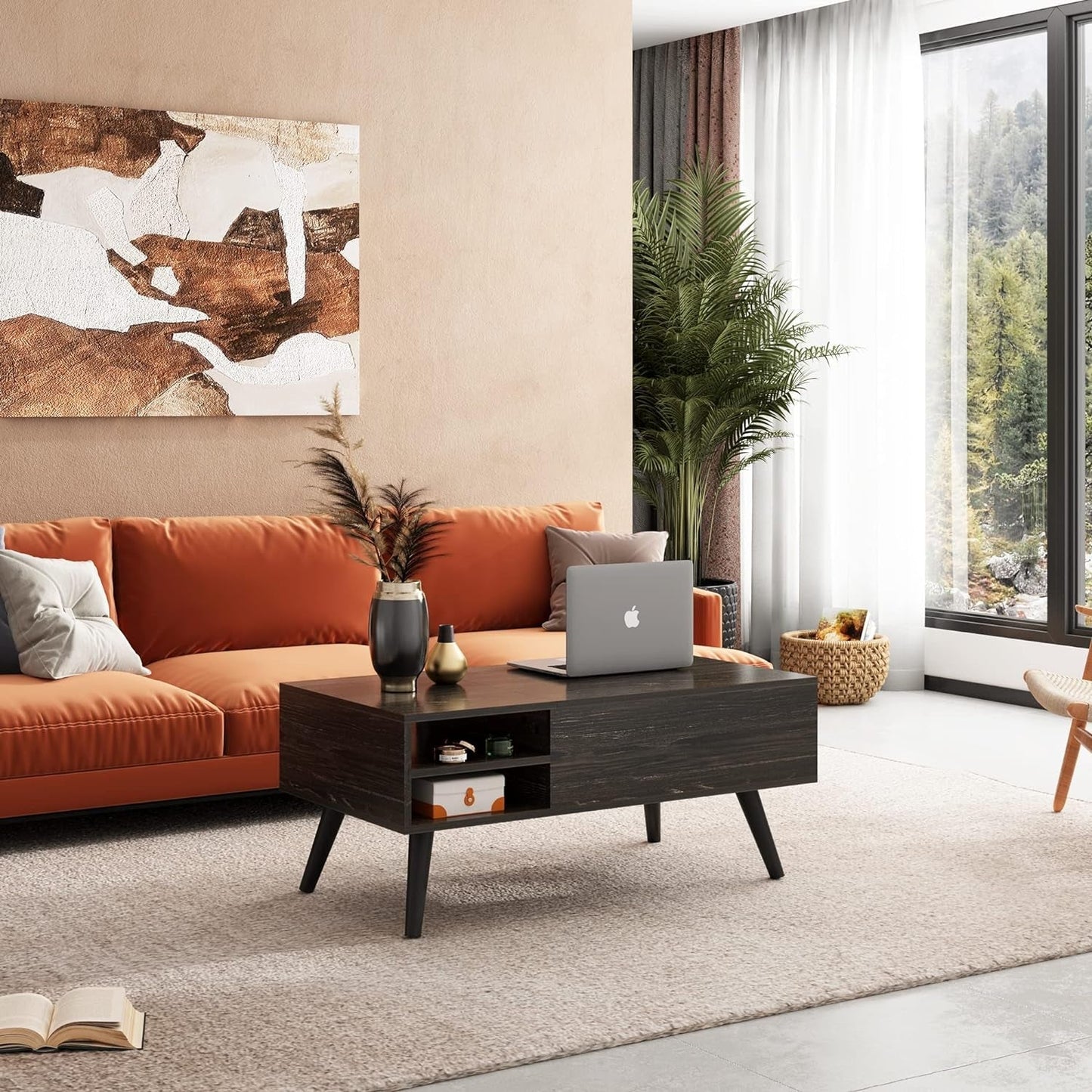 Wood Lift Top Coffee Table with Hidden Compartment and Adjustable Storage Shelf, Lift Tabletop Dining Table for Home Living Room, Office, Charcoal Black-1