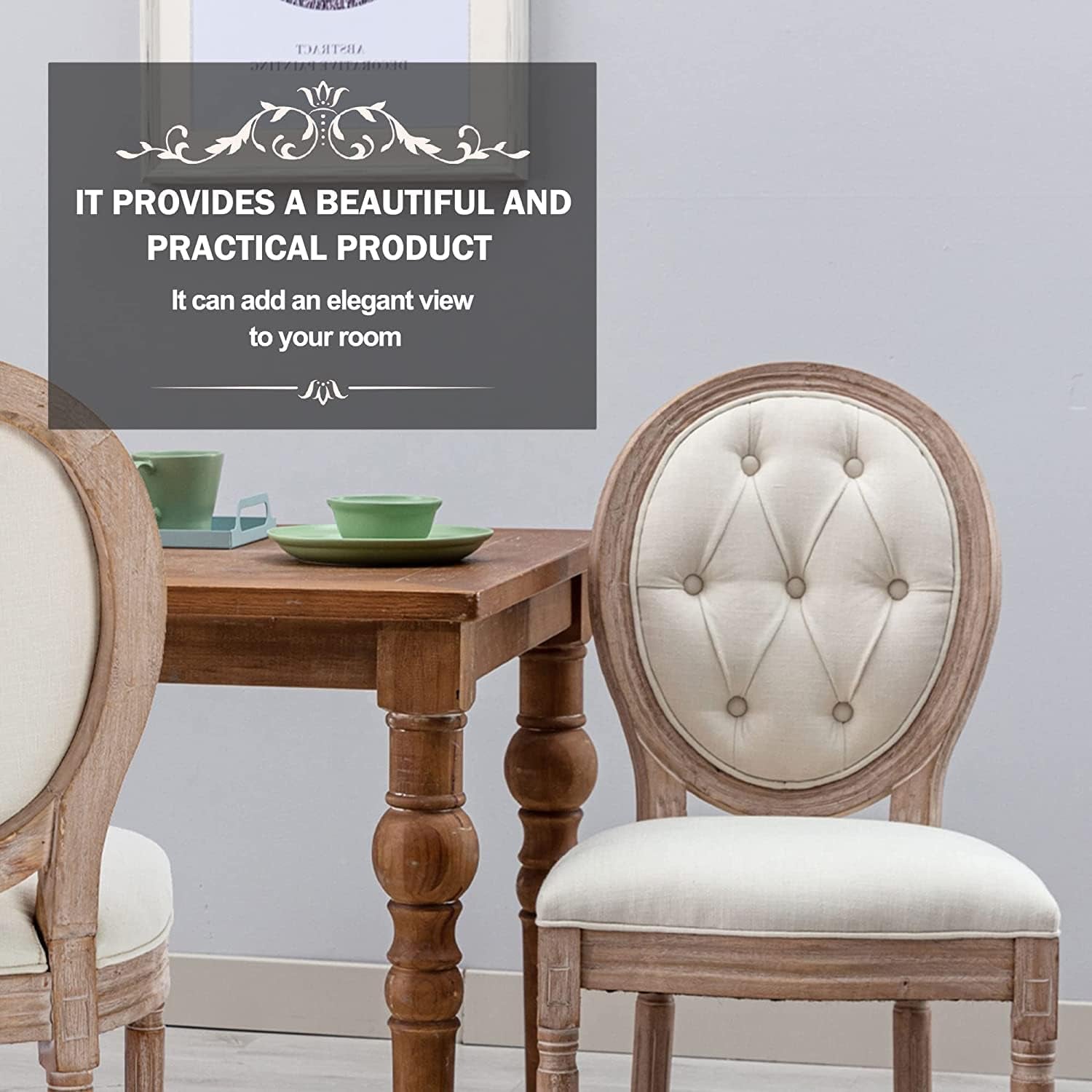 French Country Set of 4, Farmhouse Dining Chairs with round Button Back, Solid Wood Legs, French Dining Chairs for Kitchen/Bedroom/Dining Room-4