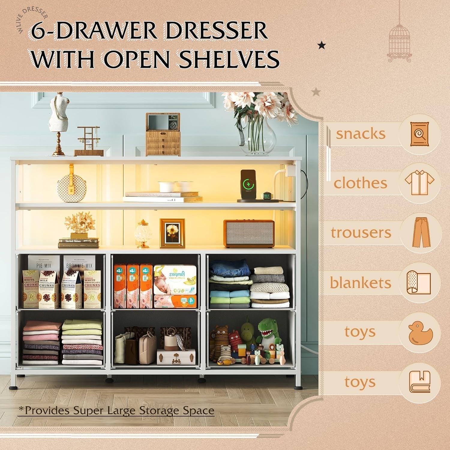 Led Dresser TV Stand for Bedroom, Entertainment Center with LED Lights and Power Outlet, 6 Drawer Dressers with Double Open Shelves, White TV Stands-3