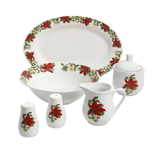 Perfect for Holidays Poinsettia 7 Piece Porcelain Serving Set in Red-0