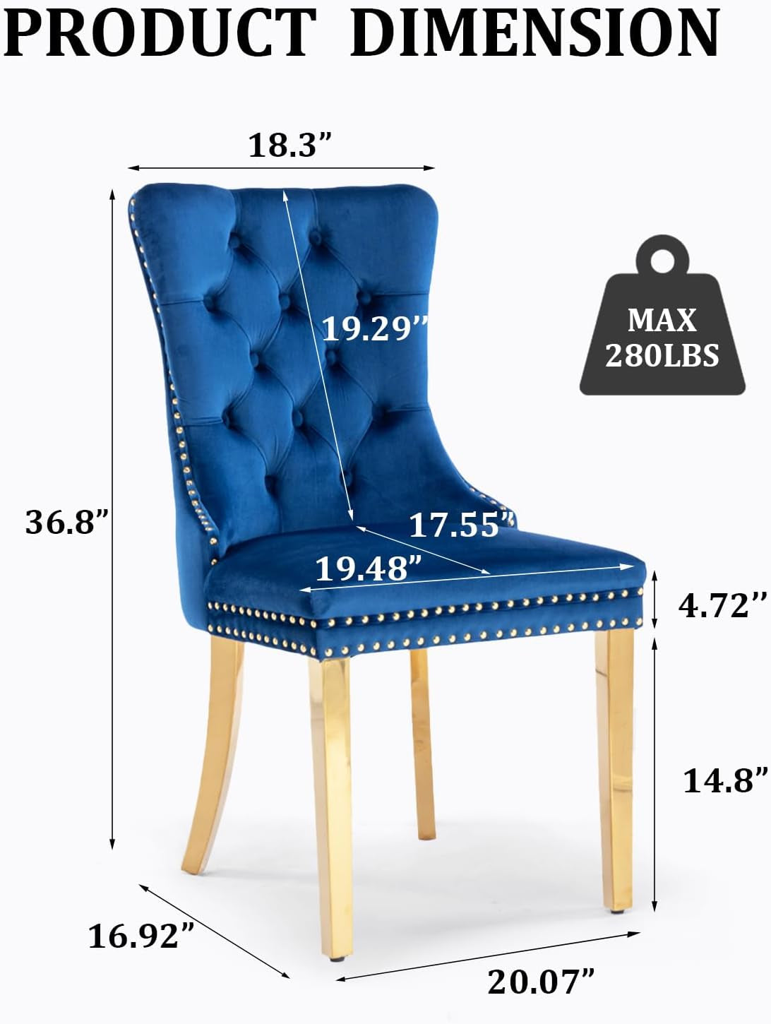 Velvet Dining Chair Set of 2, Upholstered Tufted Dining Room Chair with Nailhead Trim and Stainless Steel Gold Plated Leg for Kitchen, Blue-1