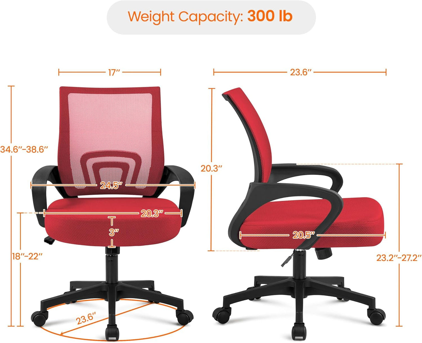 Office Chair Desk Chair Mid Back Mesh Task Chair Computer Chair Ergonomic Rolling Swivel Chair Adjustable Executive Chair with Lumbar Support Armrests, Red-2
