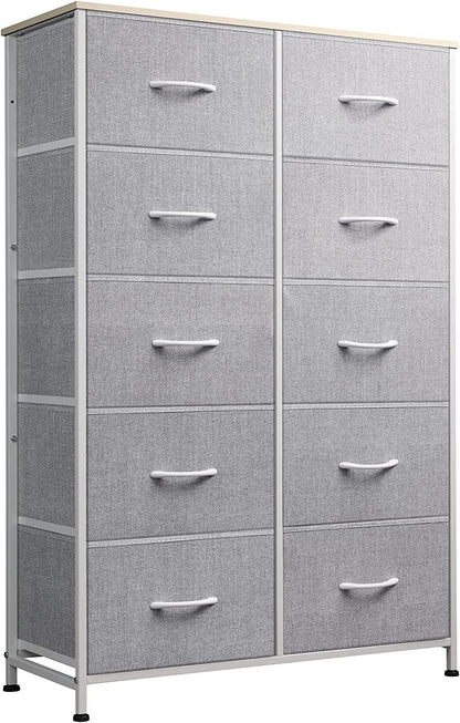 Tall Dresser for Bedroom with 10 Drawers, Chest of Drawers, Dressers Bedroom Furniture, Storage Organizer Unit with Fabric Bins for Closet, Hallway, Living Room, Entryway, Light Grey-0