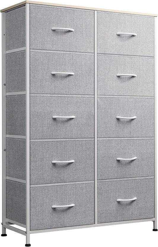Tall Dresser for Bedroom with 10 Drawers, Chest of Drawers, Dressers Bedroom Furniture, Storage Organizer Unit with Fabric Bins for Closet, Hallway, Living Room, Entryway, Light Grey-0
