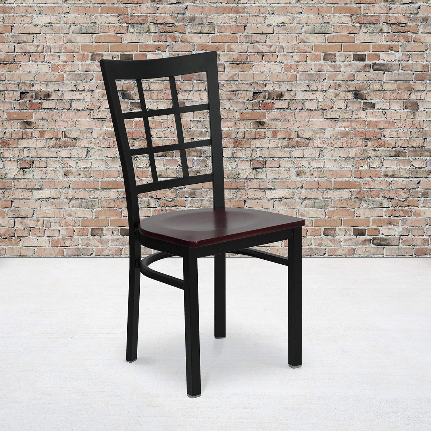 HERCULES Series Black Window Back Metal Restaurant Chair - Mahogany Wood Seat-1
