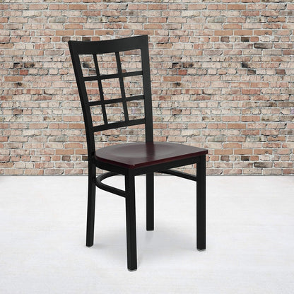 HERCULES Series Black Window Back Metal Restaurant Chair - Mahogany Wood Seat-1