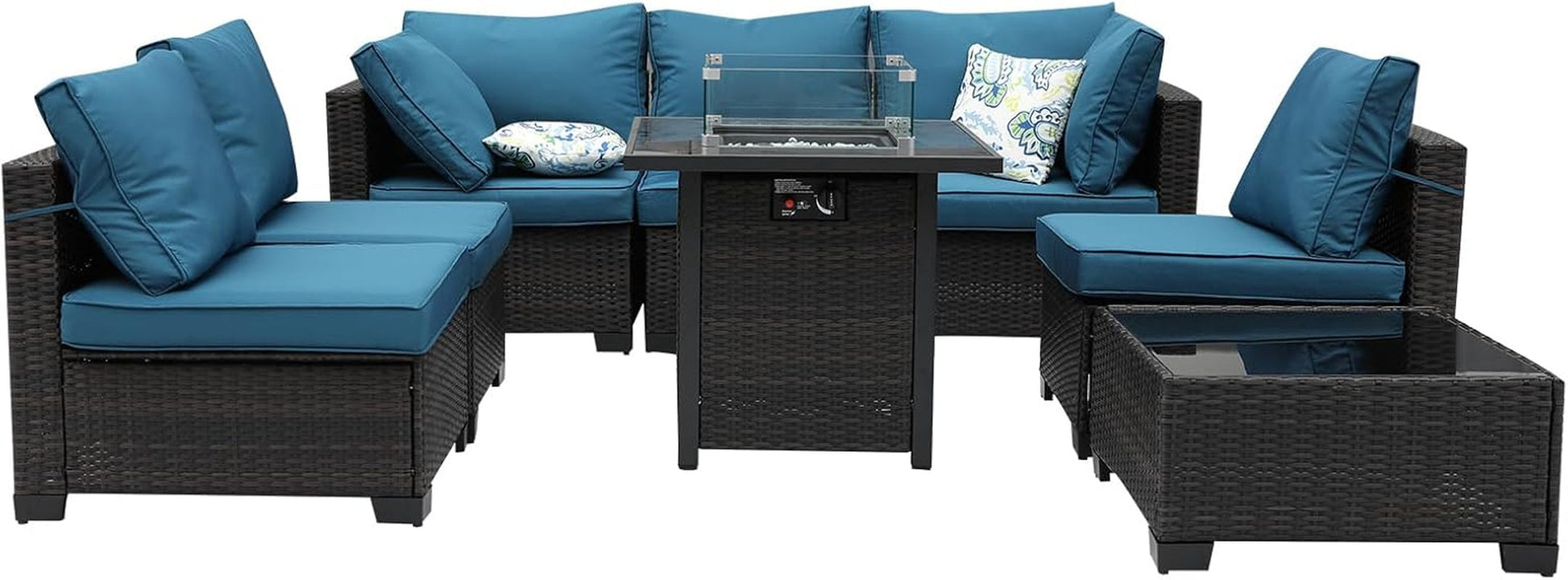 8-Piece Patio Set Furniture Rattan Wicker Outdoor Sectional Sofa with 28" Gas Fire Pit Set and Cushions, Conversation Set for Backyard, Patio, Garden, Brown/Peacock Blue-0