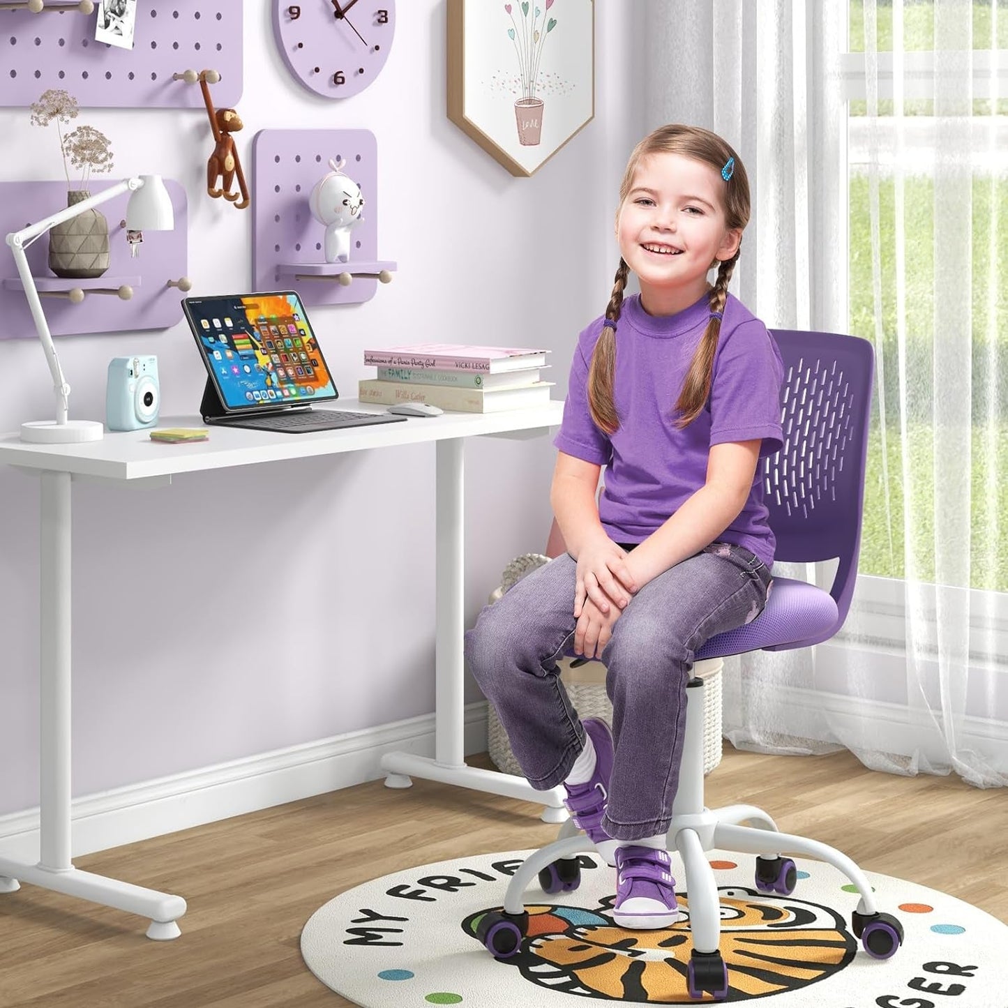 Kids Desk Chair, Adjustable Children Study Chair, Swivel Chair Armless Mesh Task Student Chair, Child Desk Chair with Adjustable Height & Lumbar Support Computer Chair (Purple)-1