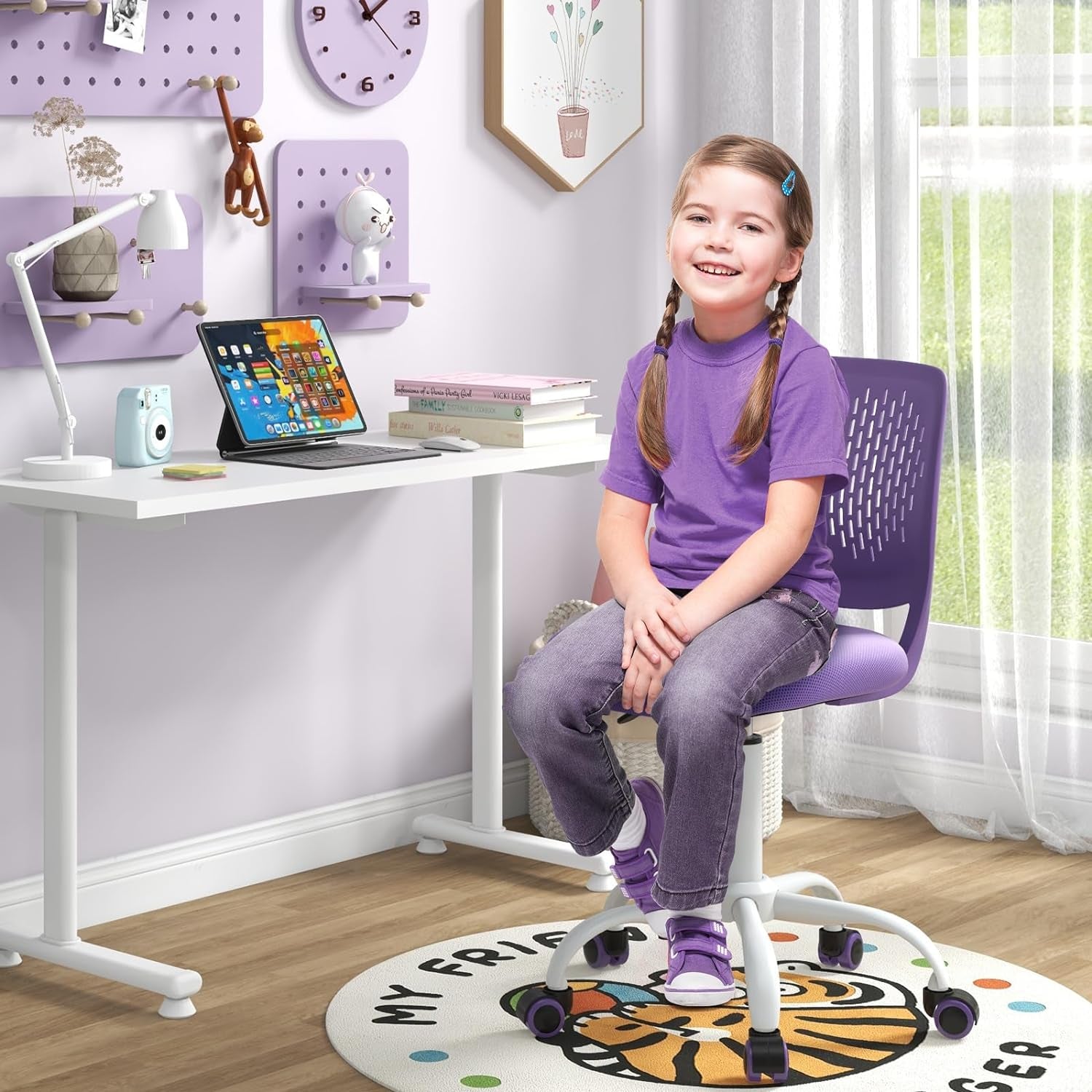 Kids Desk Chair, Adjustable Children Study Chair, Swivel Chair Armless Mesh Task Student Chair, Child Desk Chair with Adjustable Height & Lumbar Support Computer Chair (Purple)-1