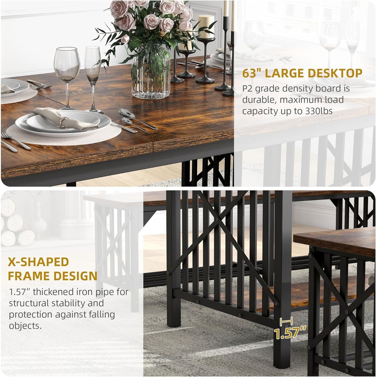 3-Piece Dining Table Set for 4-6 People, 63" Dining Room Table with 2 Benches, Industrial Rectangular Dining Room Table Set with Storage for Kitchen, Dining Room, Rustic Brown-2