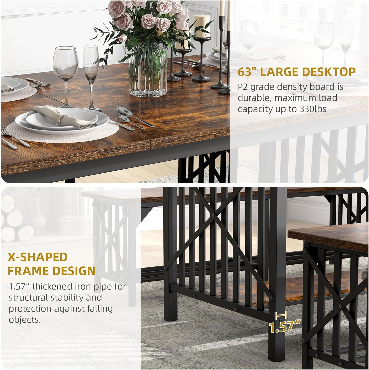 3-Piece Dining Table Set for 4-6 People, 63" Dining Room Table with 2 Benches, Industrial Rectangular Dining Room Table Set with Storage for Kitchen, Dining Room, Rustic Brown-2