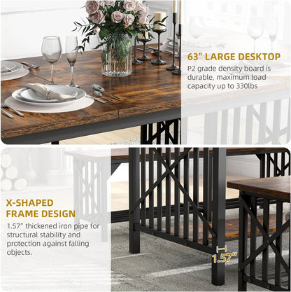 3-Piece Dining Table Set for 4-6 People, 63" Dining Room Table with 2 Benches, Industrial Rectangular Dining Room Table Set with Storage for Kitchen, Dining Room, Rustic Brown-2