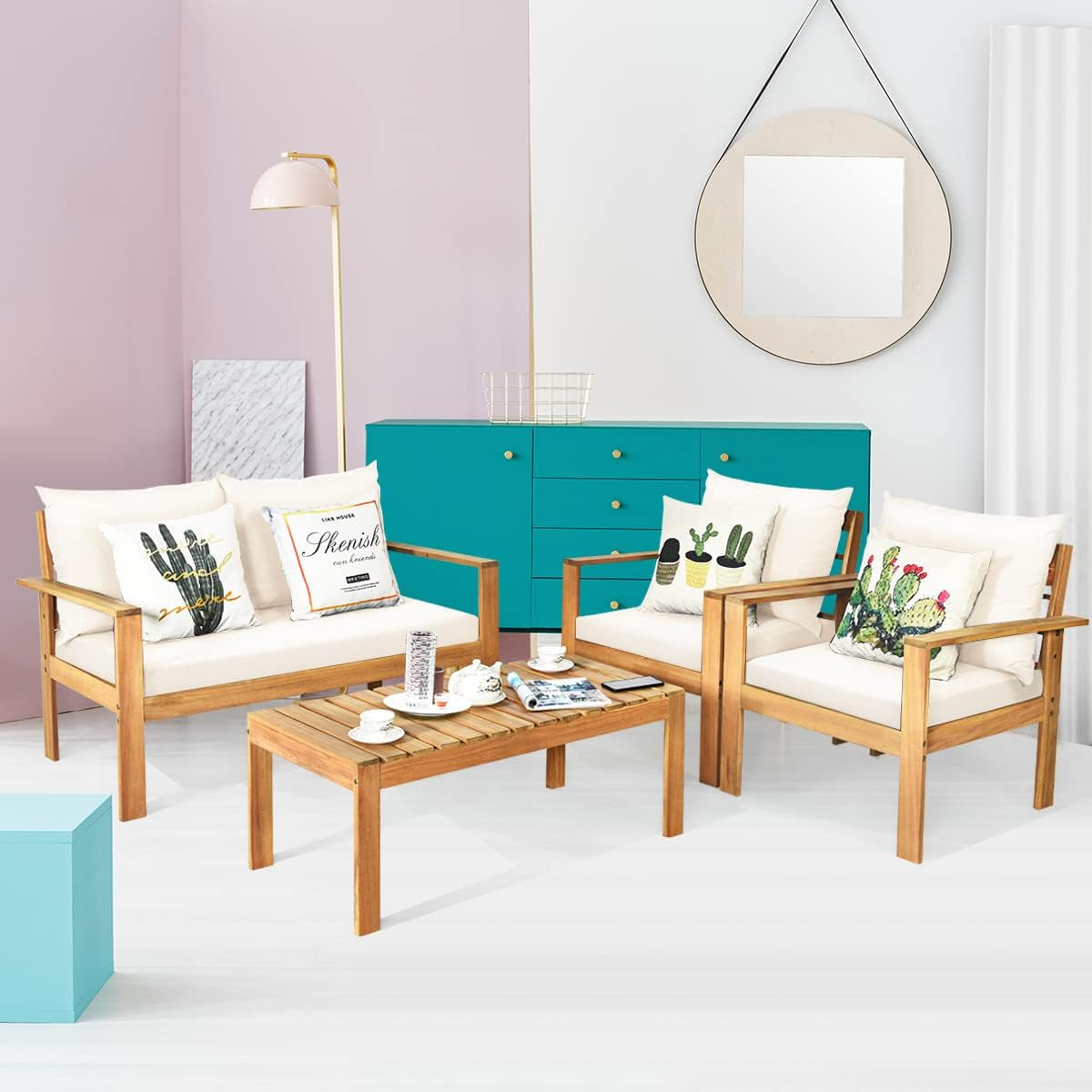 Outdoor 4-Piece Acacia Wood Chat Set, 4 Seater Acacia Wood Conversation Sofa and Table Set with Water Resistant Cushions, Teak Finished (1, White)-4