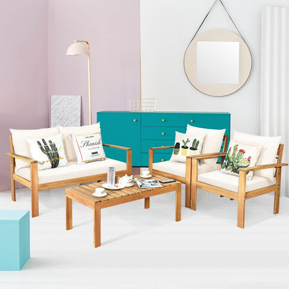 Outdoor 4-Piece Acacia Wood Chat Set, 4 Seater Acacia Wood Conversation Sofa and Table Set with Water Resistant Cushions, Teak Finished (1, White)-4