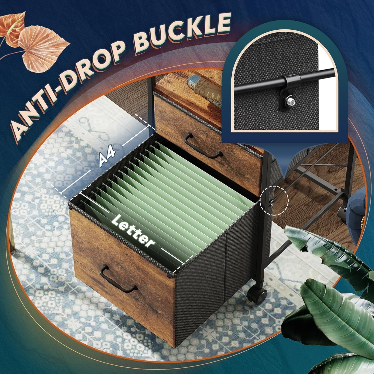 2 Drawer Mobile File Cabinet, Rolling Printer Stand with Open Storage Shelf, Fabric Vertical Filing Cabinet Fits A4 or Letter Size for Home Office, Rustic Brown Wood Grain Print-3