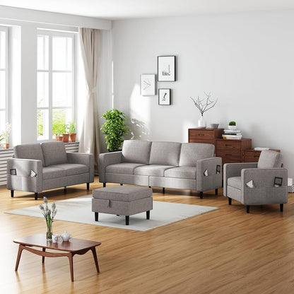 6 Seaters Sectional Upholstered Sofa, Linen Fabric Sofa Couch with Side Pockets, Free Combination Sofa Set with Movable Storage Ottoman, for Living Room-Sofa&Loveseat&Chair&Ottoman,Light Grey-0