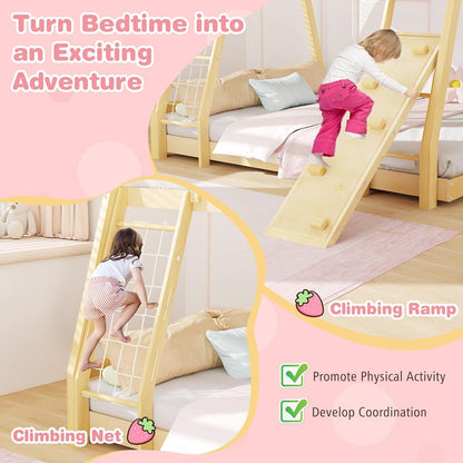 Twin over Queen Bunk Bed, Wood House Bunk Bed for Kids with Climbing Nets and Ramp, Floor Queen Size Bunk Beds with Safety Guardrail, No Box Spring Needed, for Boys Girls Adults (Natural)-3