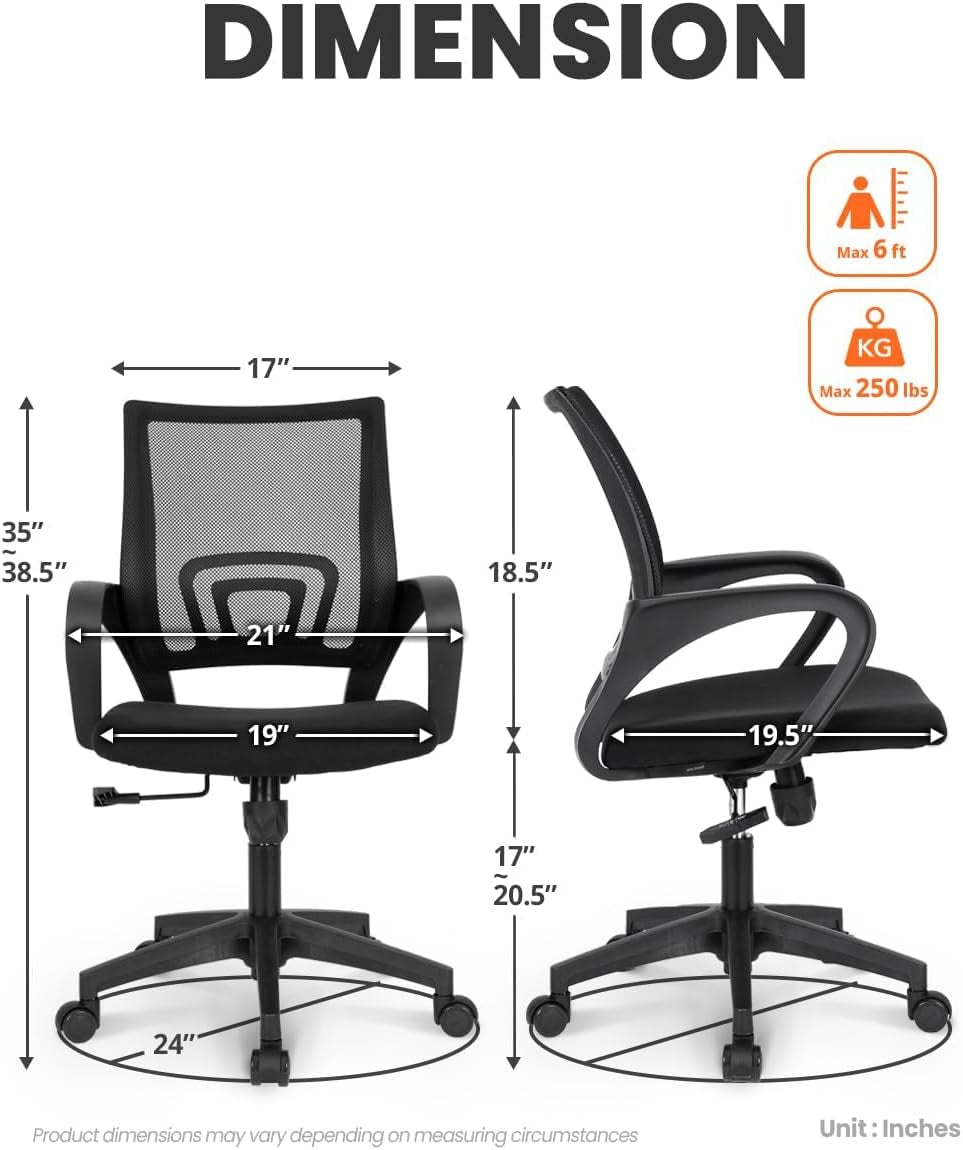 Office Chair Computer Desk Chair Gaming Ergonomic Mid Back Cushion Lumbar Support with Comfy Mesh Adjustable Swivel Rolling Home (Black)-2