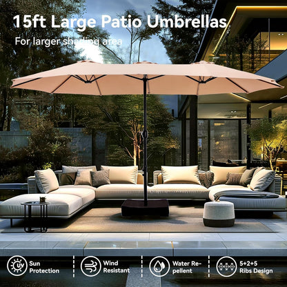 15Ft Large Patio Umbrellas with Base Included, Outdoor Double-Sided Rectangle Market Umbrella with Crank Handle, for Poolside Lawn Garden, Beige-1