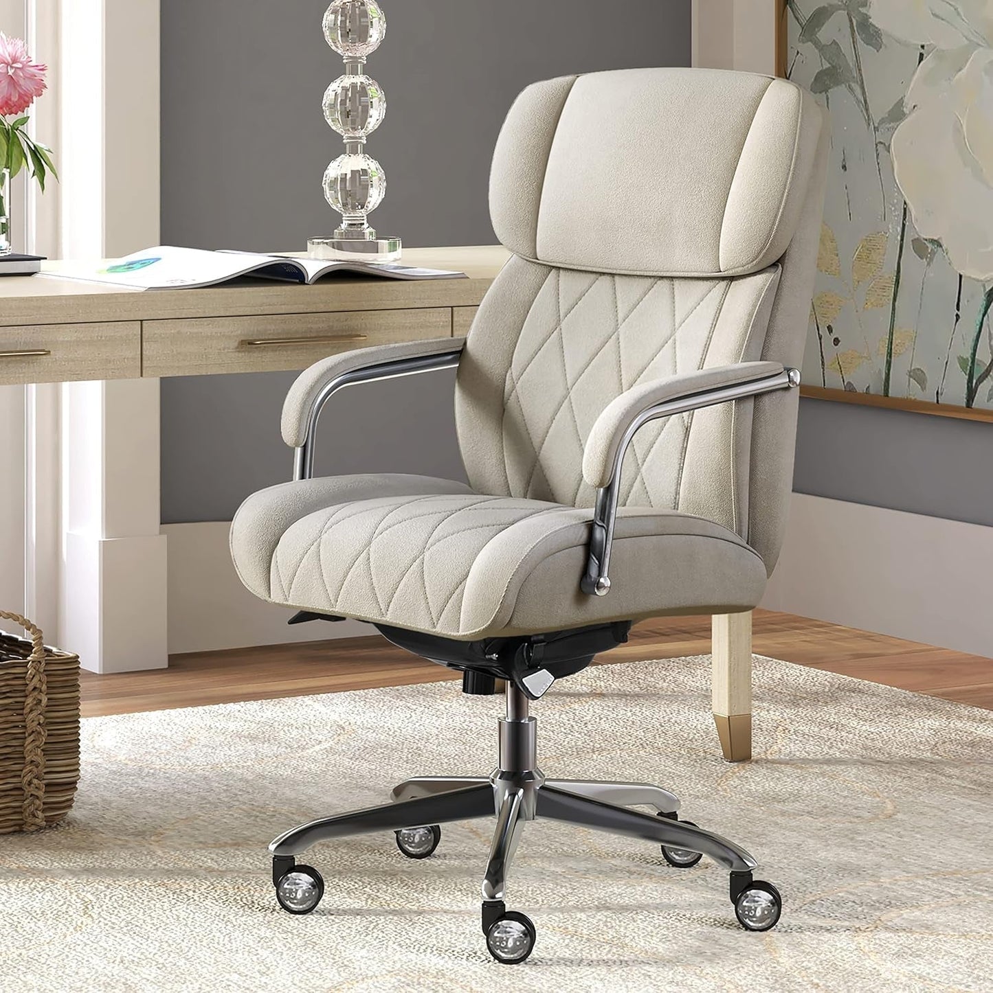Sutherland Quilted Leather Executive Office Chair with Padded Arms, High Back Ergonomic Desk Chair with Lumbar Support, Cream Microfiber Fabric-1