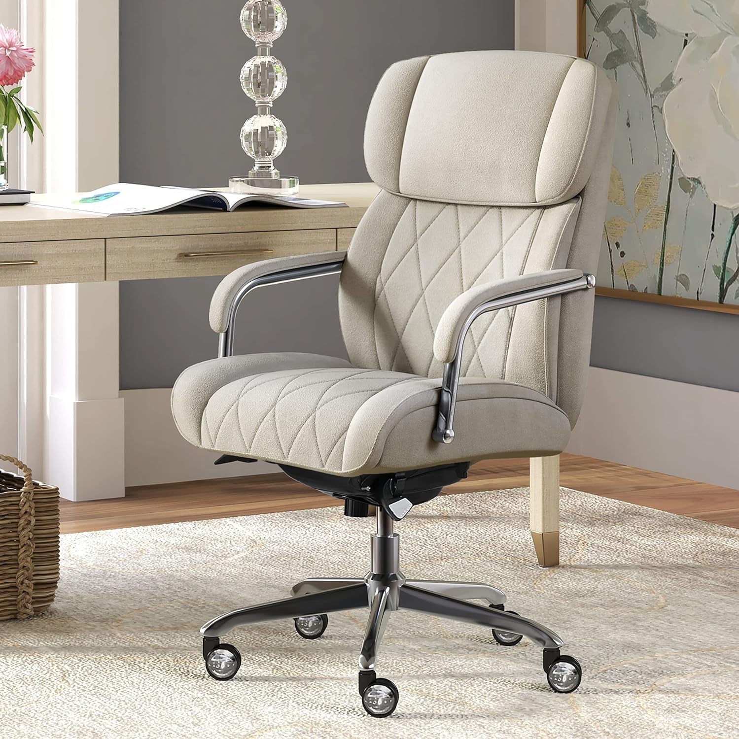 Sutherland Quilted Leather Executive Office Chair with Padded Arms, High Back Ergonomic Desk Chair with Lumbar Support, Cream Microfiber Fabric-1