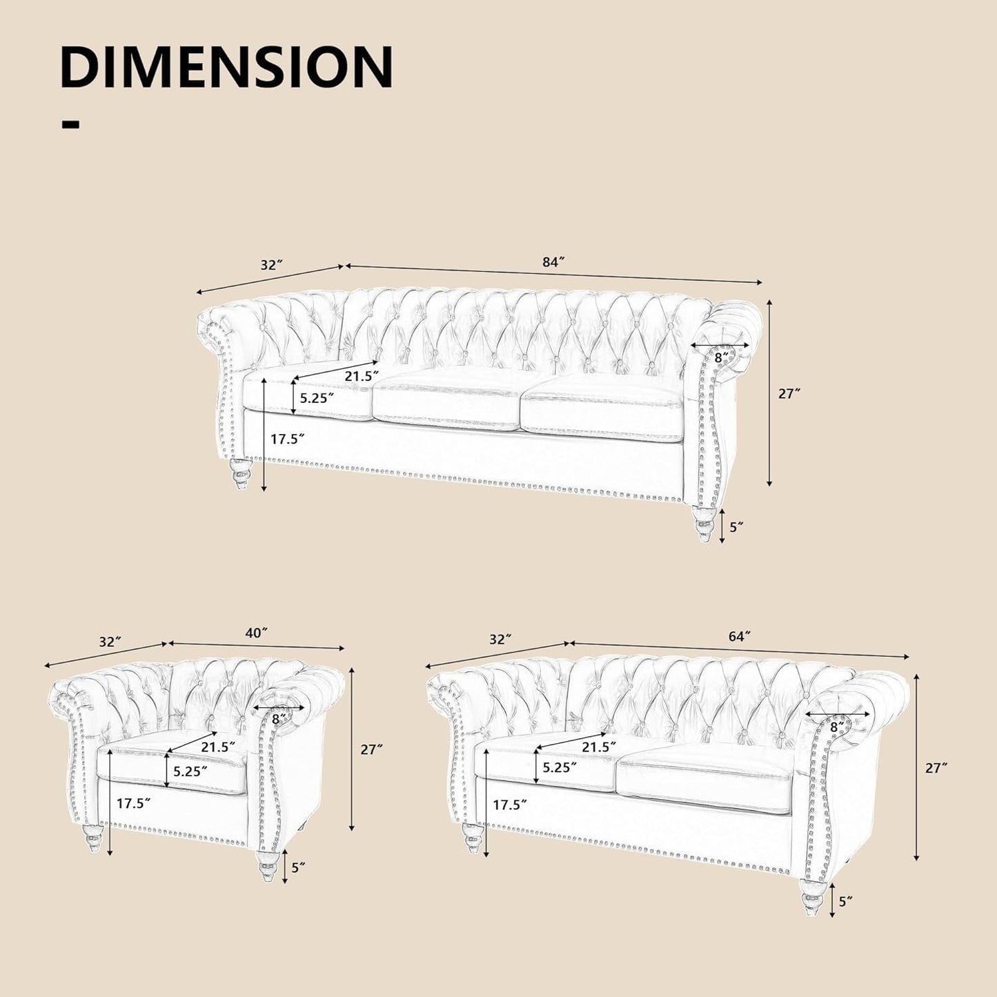 3-Piece Living Room Sectional Sofa Set, Upholstered Sofa Modern Sofa Couches Set Style Button Tufted, Velvet Chesterfield Sofa for Living Room Apartment, 1+2+3 Seat Grey-1