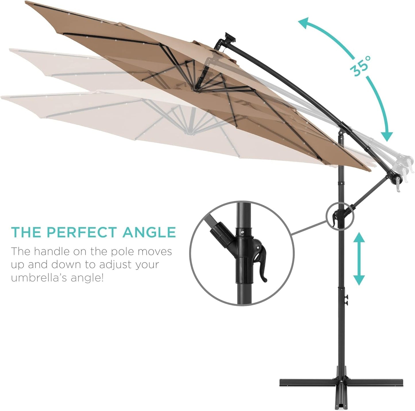 10Ft Solar LED Offset Hanging Market Patio Umbrella for Backyard, Poolside, Lawn and Garden W/Easy Tilt Adjustment, Polyester Shade, 8 Ribs - Tan-3