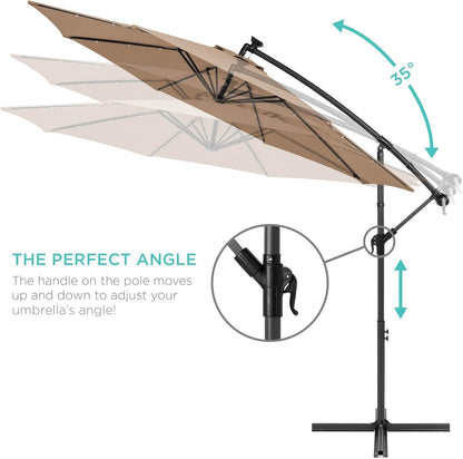 10Ft Solar LED Offset Hanging Market Patio Umbrella for Backyard, Poolside, Lawn and Garden W/Easy Tilt Adjustment, Polyester Shade, 8 Ribs - Tan-3