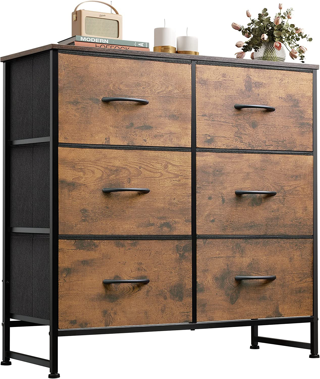 Fabric Double Dresser with 6 Drawers, Rustic Brown-0
