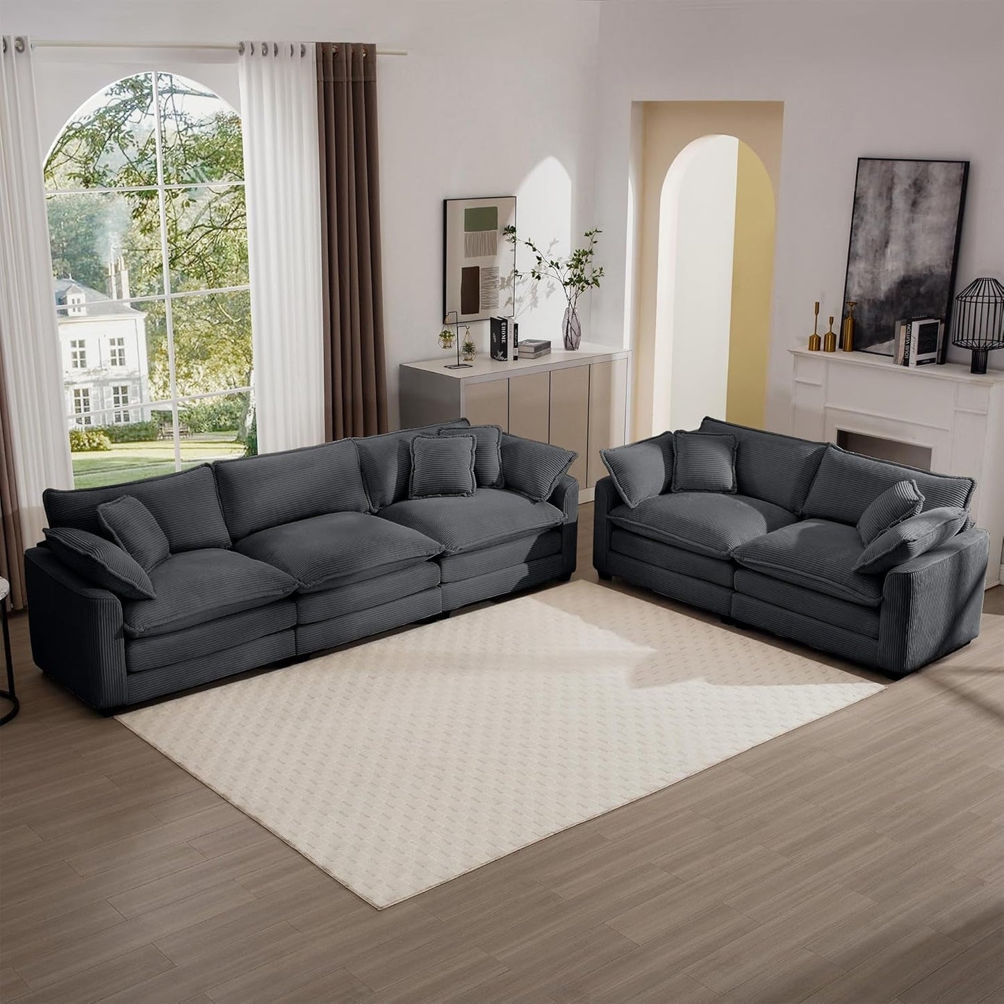 Oversized 2 Piece Sofa Set for Living Room, 3-Seater & Loveseat Couch, Modular Sectional Deep Seat Corduroy Comfy Cloud Couches with 4 Armrest Pillows and 5 Toss Pillows, Grey-0