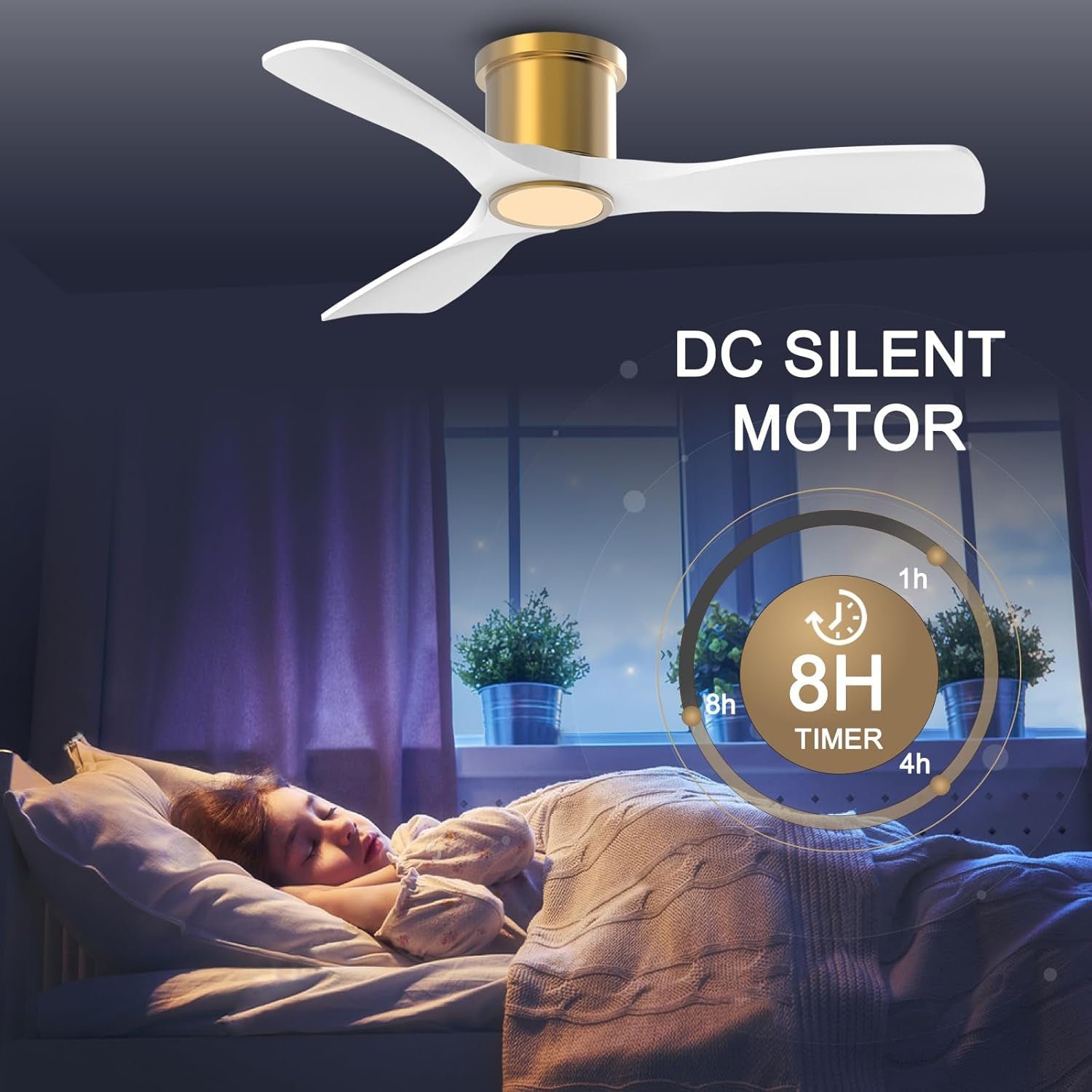 52 Inch Smart Ceiling Fan with Light and Remote, Indoor 3 Blade White Gold Low Profile Flush Mount Modern Ceiling Fan for Bedroom Living Room-2