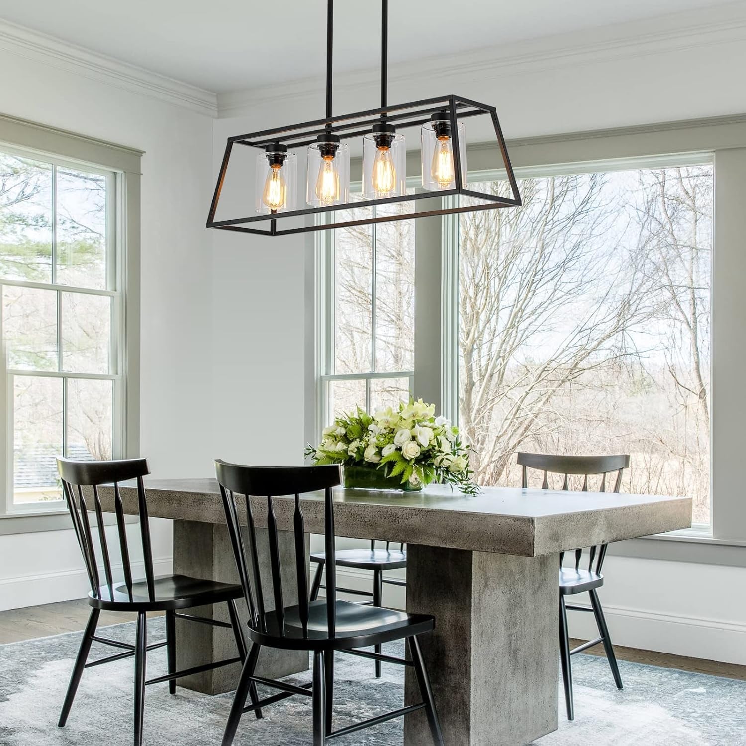 Black Farmhouse Chandeliers for Dining Room, Rustic Kitchen Island Light Fixture, 4-Light Linear Pendant Lights Kitchen Island with Glass Shade ，Apply to Dining Room Light Fixtures over Table-2