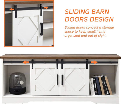 Farmhouse Sliding Barn Door TV Stand for Tvs up to 65 Inch, Modern Storage Entertainment Center, Wood Media Console Table Cabinet 3-Level Adjustable Shelf for Living Room, White/Oak-3