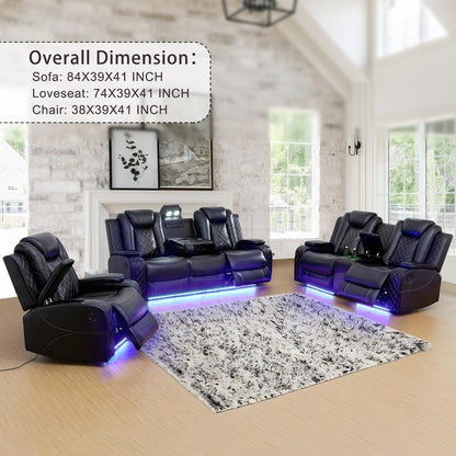 Power Leather Recliner Sofa Set with LED Lights,Living Room Furniture Set, Breathing Leather Sofa Couch with USB Port/Storage Console/Cup Holders (3 Pieces Reclining Sofa Set, Black)-2