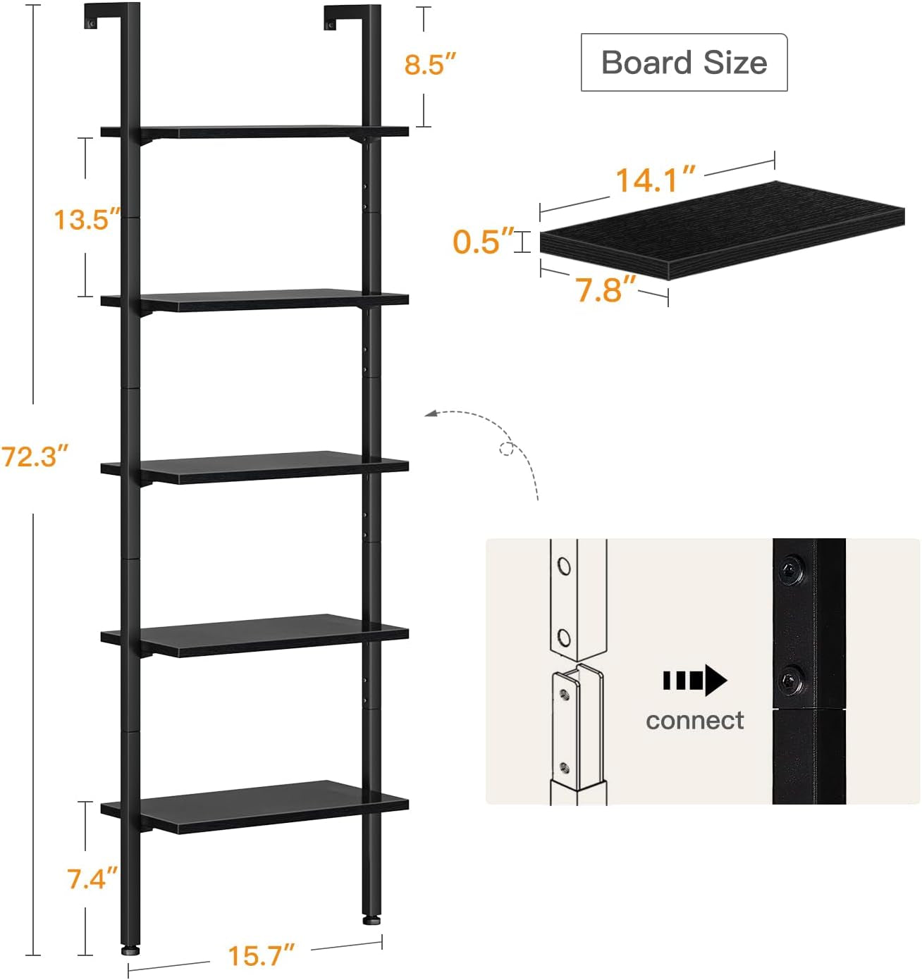 72 Inch Black 5-Tier Metal Frame Ladder Shelf-2