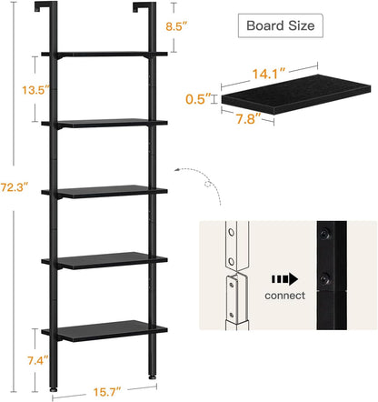 72 Inch Black 5-Tier Metal Frame Ladder Shelf-2