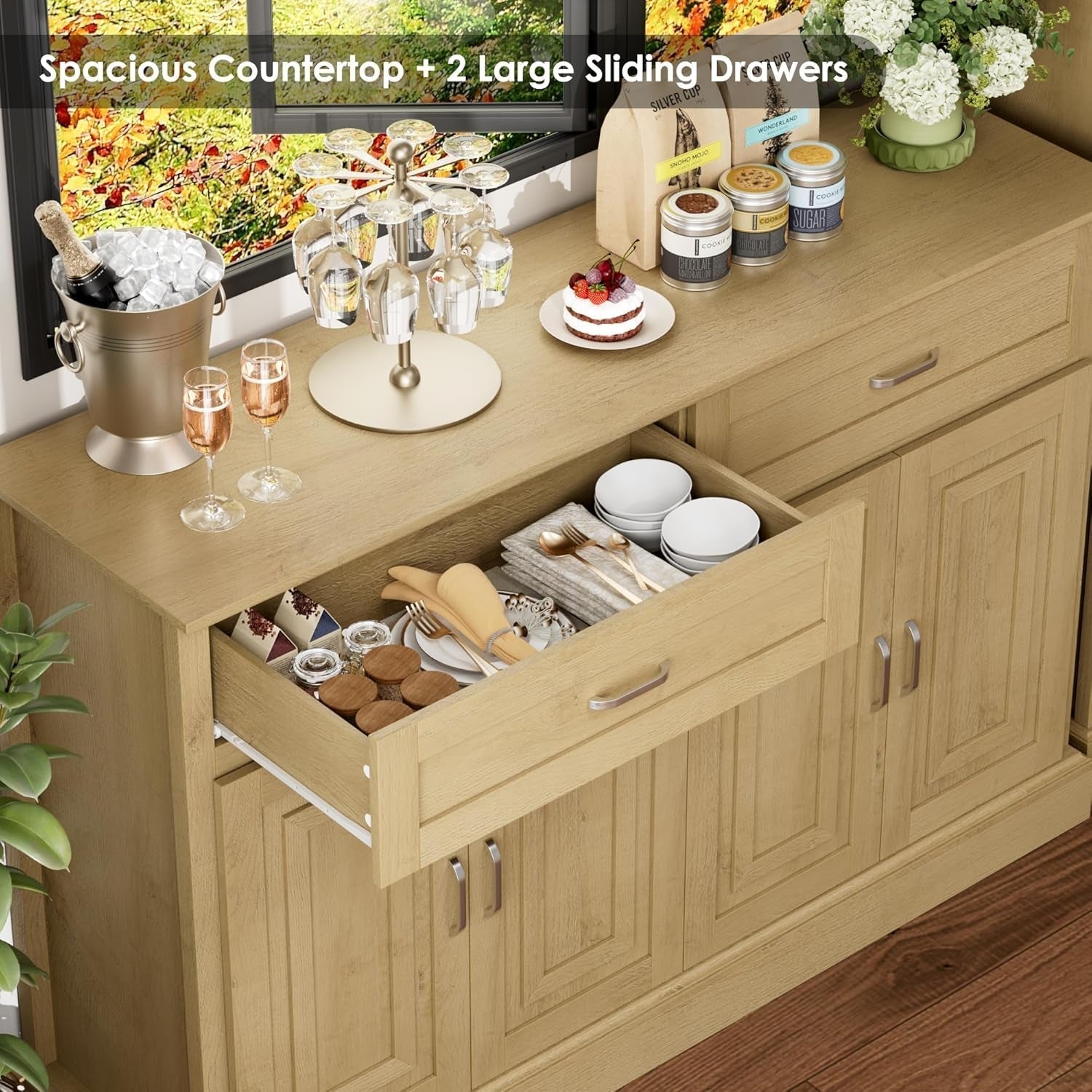 Black 55" Farmhouse Buffet Cabinet with Storage Drawers-4