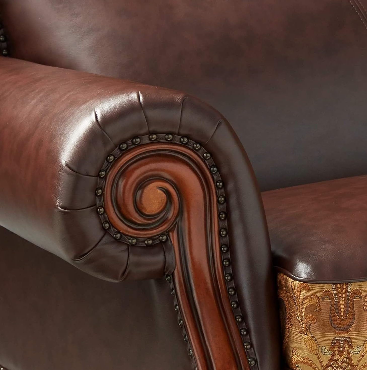 3-PS Living Room Set, Traditional Collection Including Sofa W/3 Pillows, Loveseat W/2 Pillows and Chair W/1 Pillow, Cherry Oak, Vintage/Victorian-4