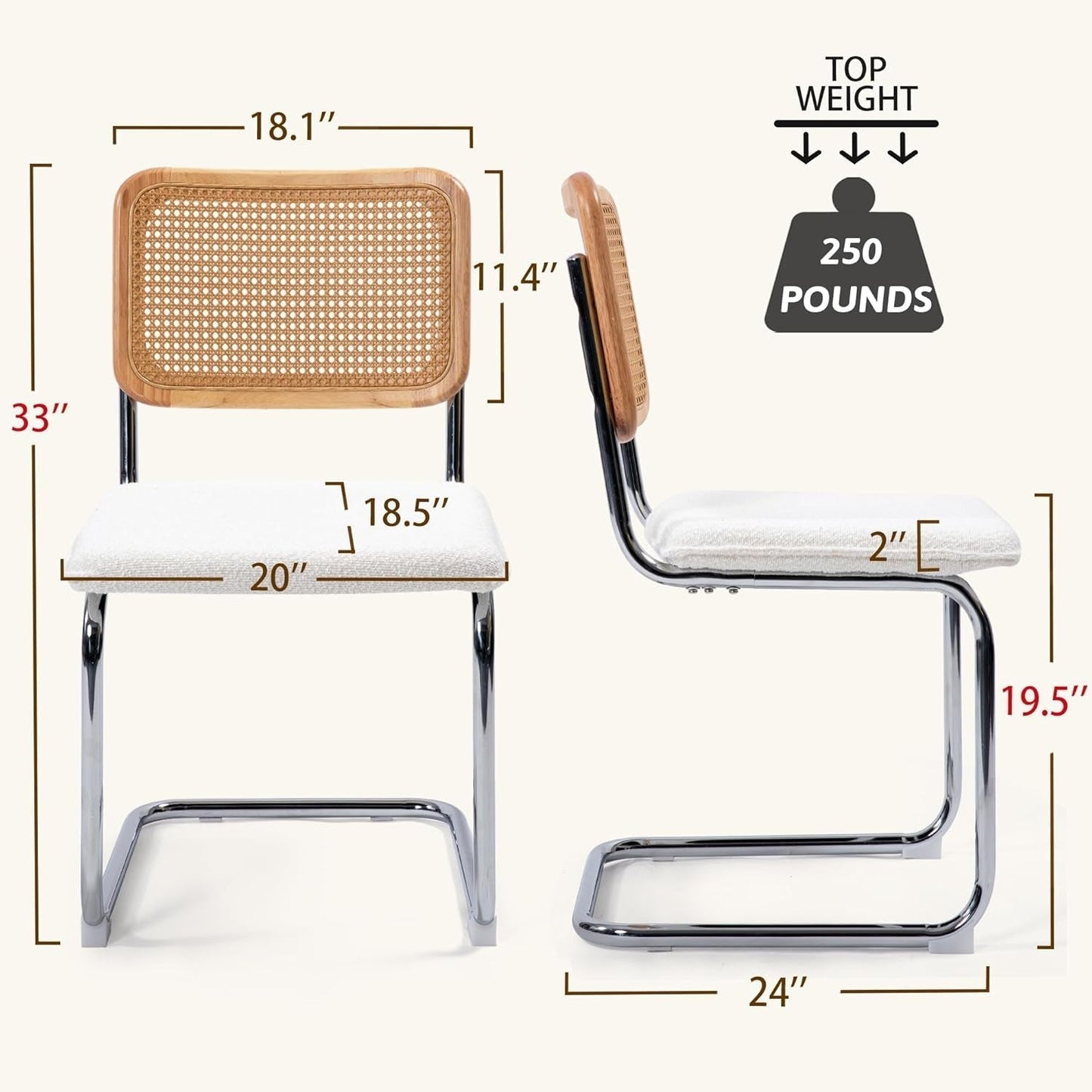 Modern Cesca Cane Dining Chairs, Set of 2, Handwoven Rattan Cane Back, Chrome Base, Upholstered Boucle Seat, Ideal for Kitchen or Dining Room, White-2