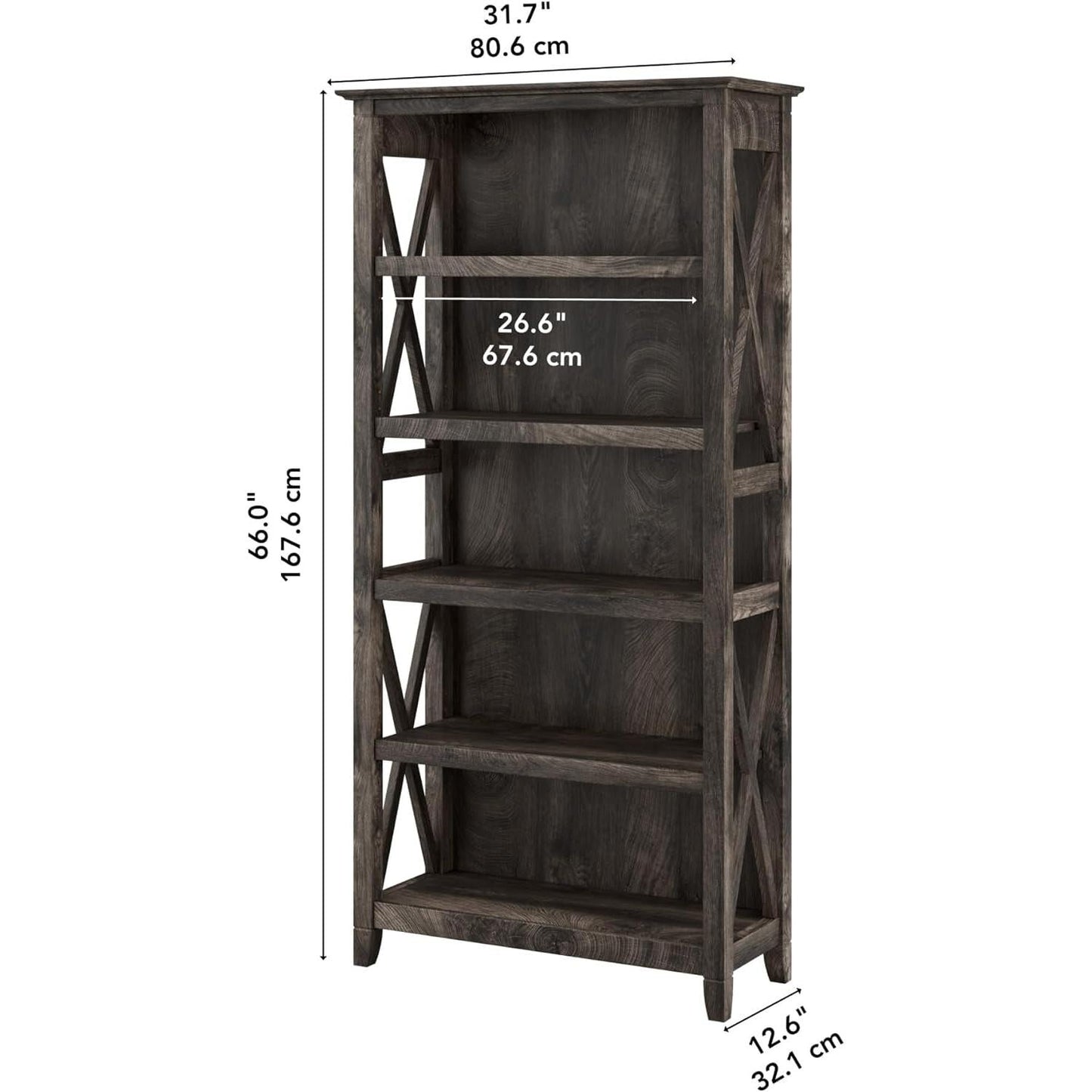 Bush Furniture Tall 5 Shelf Bookcase for Living Room or Home Office, Large Bookshelf, Modern Farmhouse Style, Key West Collection, Dark Gray Hickory-2