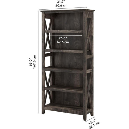 Bush Furniture Tall 5 Shelf Bookcase for Living Room or Home Office, Large Bookshelf, Modern Farmhouse Style, Key West Collection, Dark Gray Hickory-2
