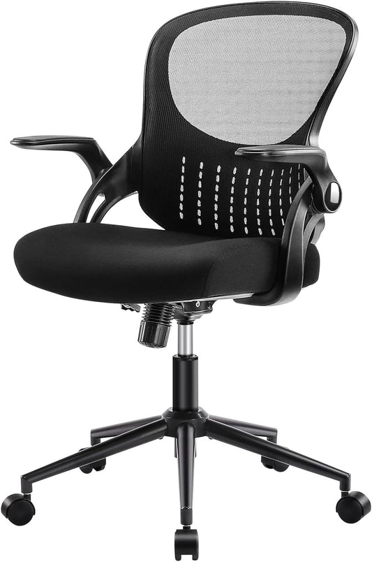 Office Computer Gaming Desk Chair, Ergonomic Mid-Back Mesh Rolling Work Swivel Chairs with Flip-Up Arms, Comfortable Lumbar Support, Comfy Arms for Home, Bedroom, Study, Student, Adults, Black-0