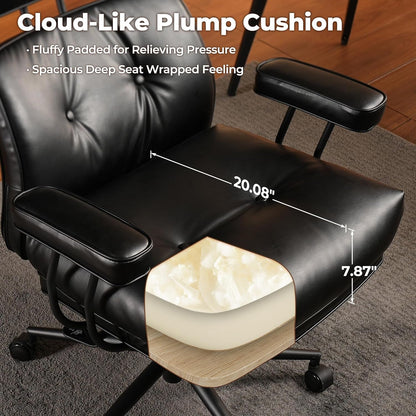 Ergonomic Home Office Chair, Mid-Century Modern Leather Chair with Lumbar Support, High Back Swivel Rolling Executive Chair with Comfy Thick Cushion (Black, PU Leather)-1