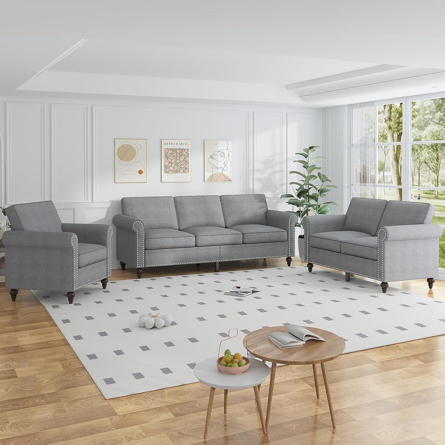 3PCS Sofa Set for Living Room,Modern Linen Couch Set with Nailhead Trim Design, Living Room Furniture Set for Office Apartment Home(Sofa & Loveseat & Chair/Light Grey)-0